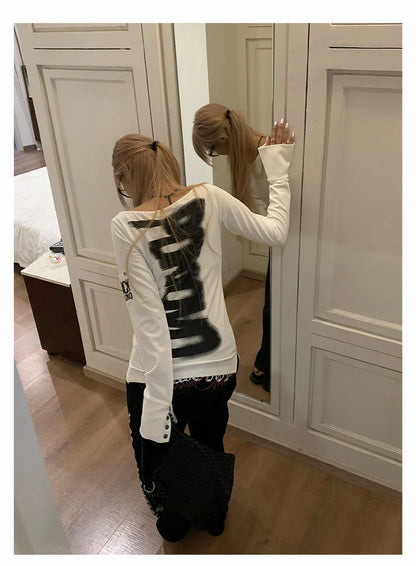 American Retro Print T-shirt Women Long Sleece Button Graphic Tops Y2k Tops 2000s Japanese Grunge Tops E-girls Autumn