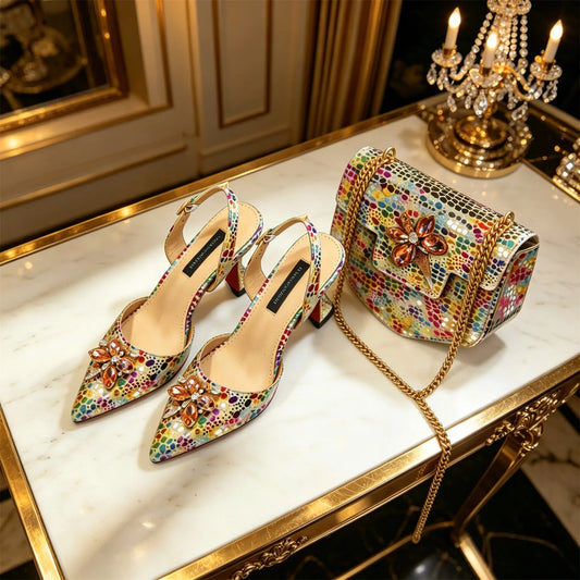 Elegant Rhinestone Heels & Matching Bag Set, Colorful Print Pointed Toe Block Heels for Banquet Club Night
