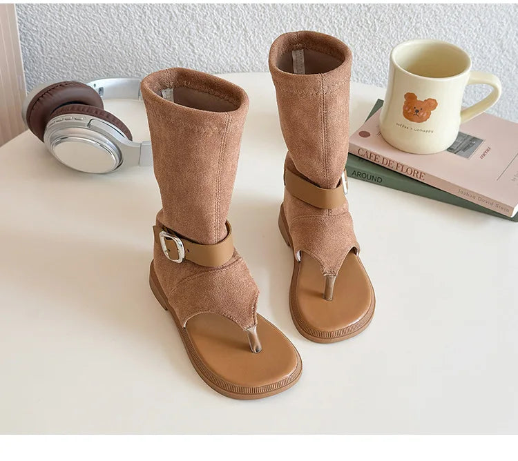 Summer Princess Long Pipe Boots Roman Sandals for Kids Girl Brand Design Ankle Strape Stretch-Satin Flip Flop Girls Shoes I06242