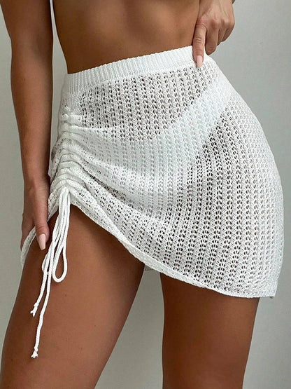 Elegant Drawstring Hollowed out Bikini Short Skirt Fashionable Knit Mini Skirt for Summer Beach Pool Party