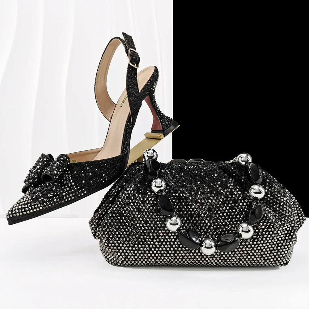 Fashion Newest Full of Rhinestone Design Olive Color Lady Sheos and  Metal bead-embellished handbag Set for Parrt Wedding