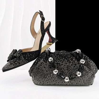 Fashion Newest Full of Rhinestone Design Olive Color Lady Sheos and  Metal bead-embellished handbag Set for Parrt Wedding
