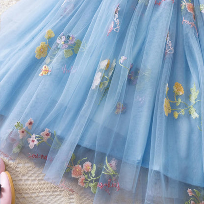 Outdoor Summer Cute Princess Dress Toddler Baby Girls Embroidery Flower Suspender Mesh Dresses Birthday Party Princess Dresses
