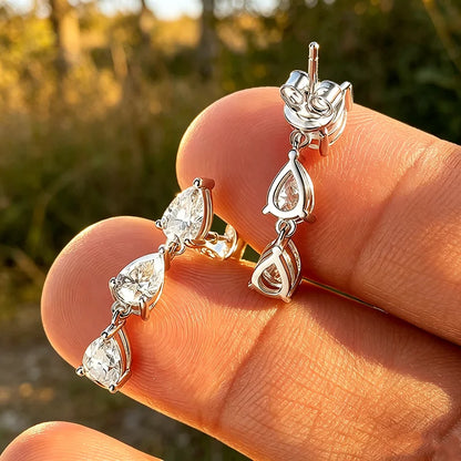 4*6MM Pear Cut Women Full Moissanite Drop Earrings for Girls 3 Gems Dating Jewelry S925 Solid Silver Lab Diamond Gift
