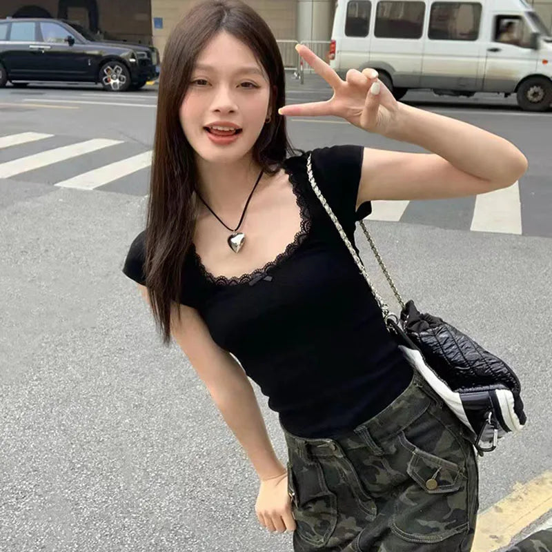 Y2k Lace Patchwork Crop T-shirt Women Vintage Streetwear Sexy Slim U Neck Tops Female Harajuku Korean Bow Chic Bottoming Tees