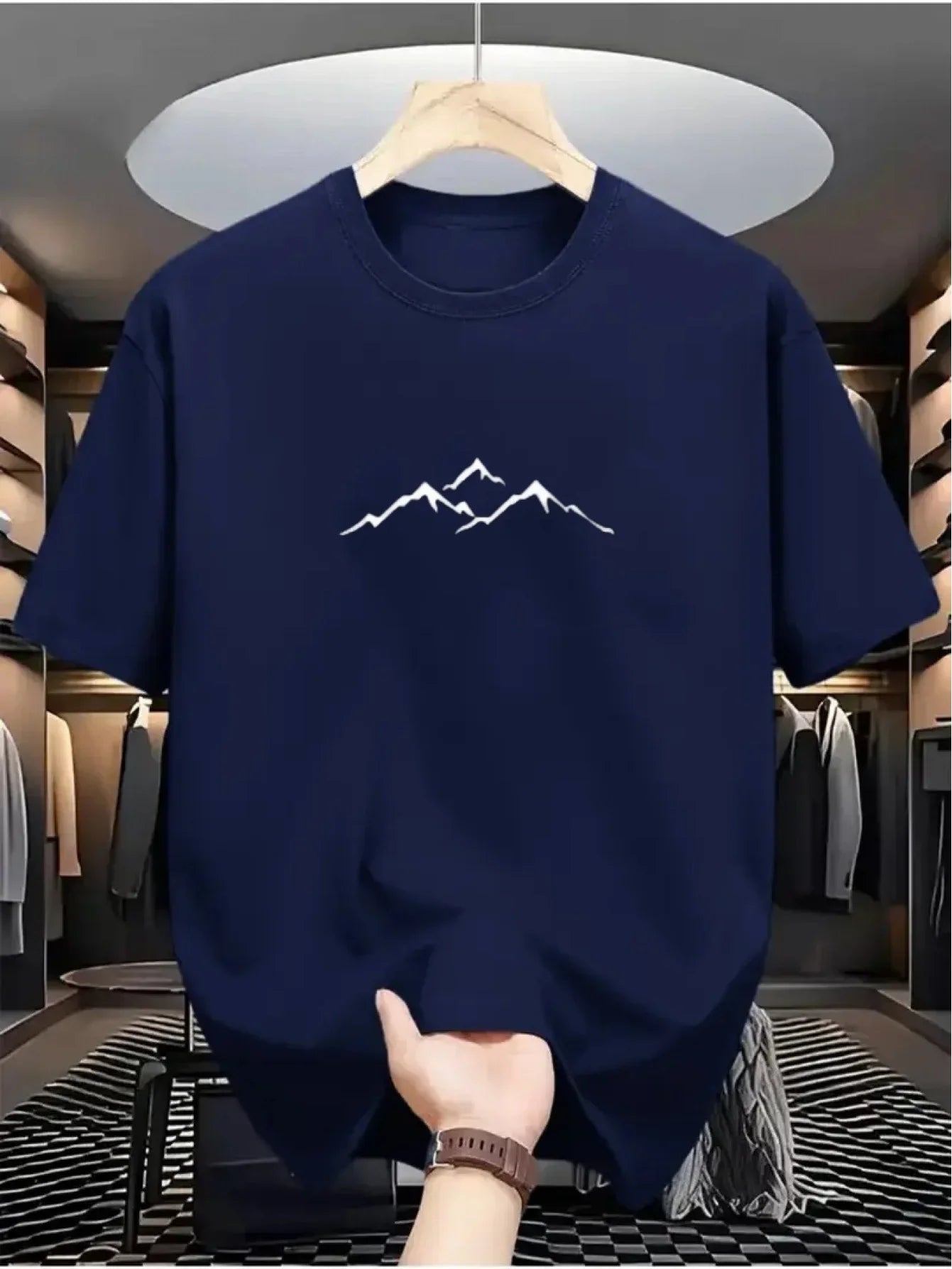Men's summer 100% pure cotton fashionable casual loose sports mountain pattern printed round neck short sleeved T-shirt top