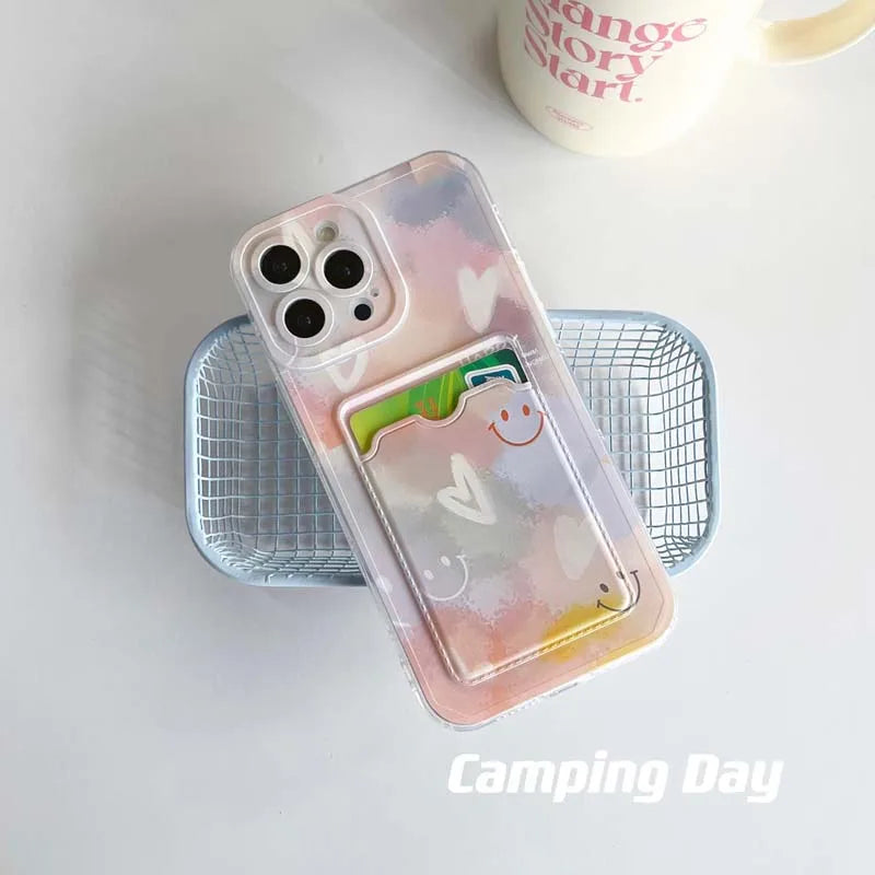 Cartoon Card Slot Anti Knock Back Cover for iPhone 15 14 13 Plus 12 11 Pro Max Soft Case for iPhone 7 8 Plus Se 2020 X XR XS Max