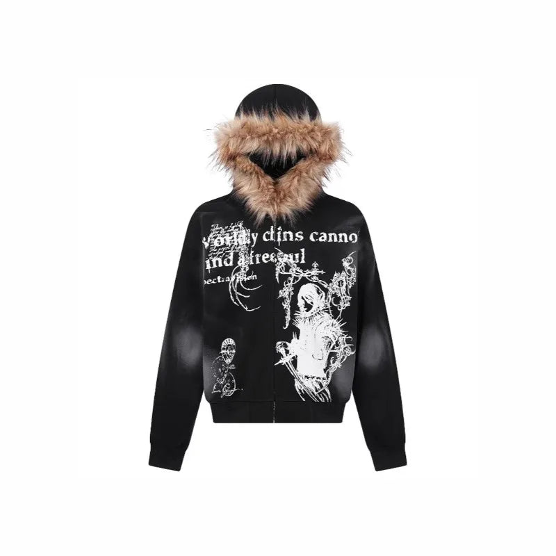 Retro Hooded Sweatshirt Loose Fitting Men's and Women's Pullover Fashionable Street Style Printed Vintage Fur Collar Sweatshirt