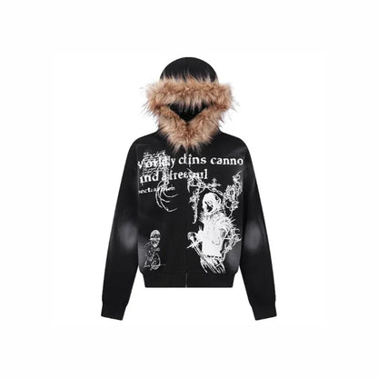 Retro Hooded Sweatshirt Loose Fitting Men's and Women's Pullover Fashionable Street Style Printed Vintage Fur Collar Sweatshirt