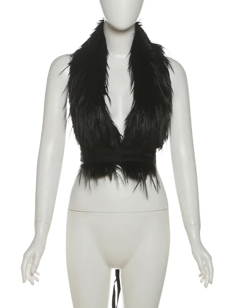 Hottie Sexy Furry Halter Top Women Fur Collar Backless Lace-Up Coquette Dark Punk Style Music Festival Clubwear Vests