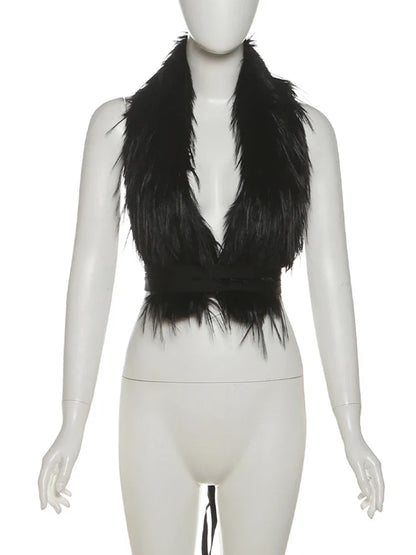 Hottie Sexy Furry Halter Top Women Fur Collar Backless Lace-Up Coquette Dark Punk Style Music Festival Clubwear Vests
