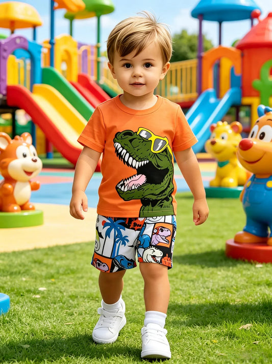 Summer New Arrival Boys Orange White Color Block Dinosaur Comic Print Short Sleeve Shorts Set