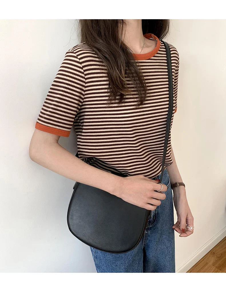 Striped Short Sleeve T-shirt Women's Summer New Korean Version Loose Retro Contrast Slim Round Neck Top Women's Fashion Casual
