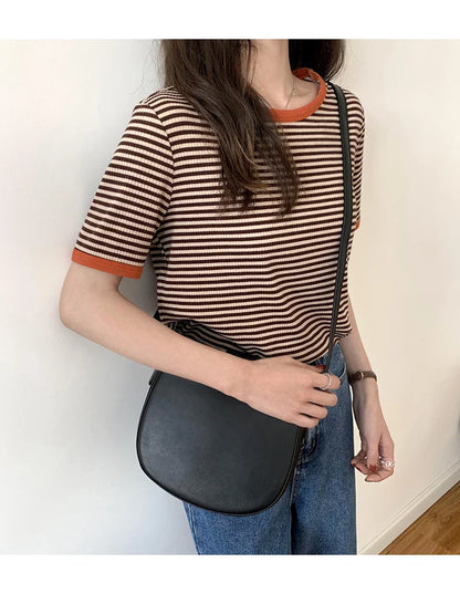 Striped Short Sleeve T-shirt Women's Summer New Korean Version Loose Retro Contrast Slim Round Neck Top Women's Fashion Casual