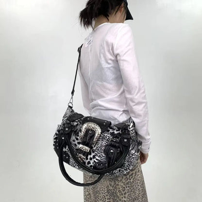 Y2K street personality spicy girl leopard print patchwork tote bag with multiple pockets and rivets retro crossbody handbag