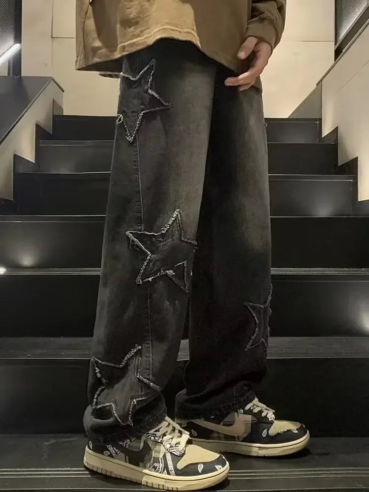 Star Embroidered Straight Casual Men's Jeans Y2K Gothic Unisex New Wide-leg Loose, Comfortable Fashionable Youth Street Jeans