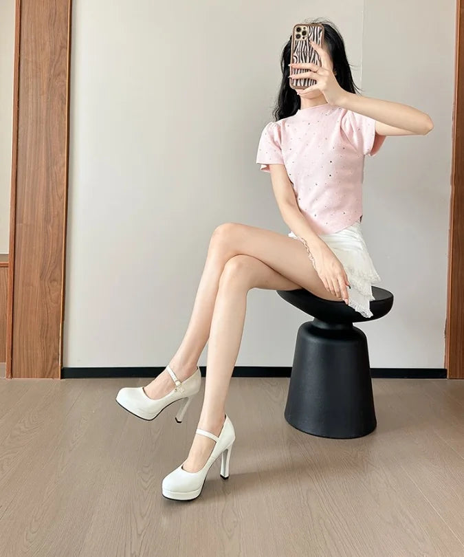 10cm size 35-42 sexy thick-soled high heels dress model party wedding bride 2025 shallow toe patent leather platform shoes