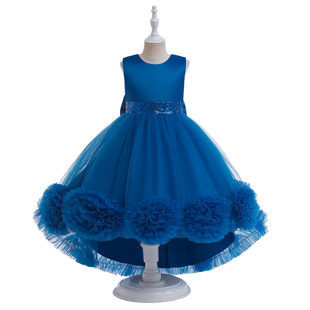 Elegant Trailing Flower Party Girls Dress Summer Wedding Bridesmaid Princess Prom Dress Girl Tull Bow Birthday Evening Ball Gown