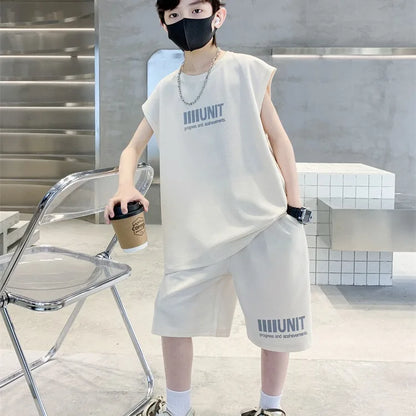 Big Child Cotton Summer Suit for Teens Boy Wing Print Cotton Tshirt + Shorts 2PCS Clothing Set Kids Adult Fashion Street Outfit