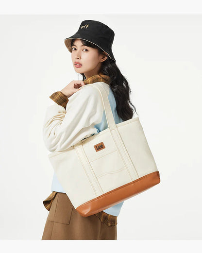 Unisex Utility Canvas Leather Zipper Tote Bag Casual Denim Daily Shopping Handbag Women Man Durable Student School Book Bag