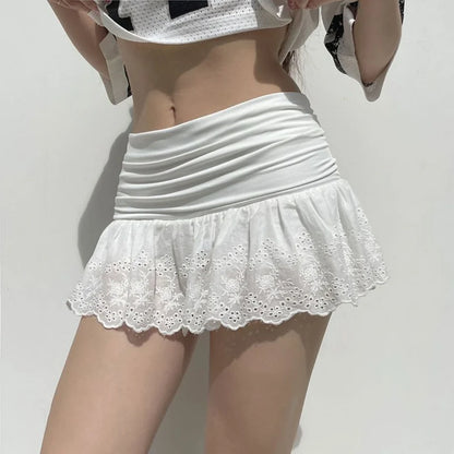 Summer Kawaii White Ruflles Skirt Women Fashion Slim Fit Mini Skirts TeenGirl Y2k All Match Elastic High Waist Goth Outfit