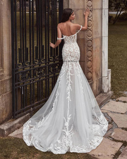 Sexy V-neck Full Lace Applique Mermaid Wedding Dresses Detachable Train 2 In 1 Custom Made Vestido De Noival