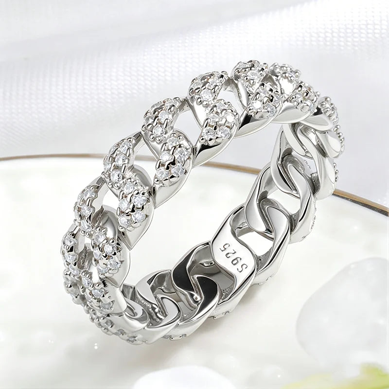 Moissanite Iced Out Cuban Link Rings Pure 925 Silver Bling Hip Hop Chain Ring for Women Men Couple Jewelry D Vvs1 Band