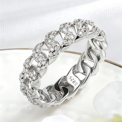Moissanite Iced Out Cuban Link Rings Pure 925 Silver Bling Hip Hop Chain Ring for Women Men Couple Jewelry D Vvs1 Band