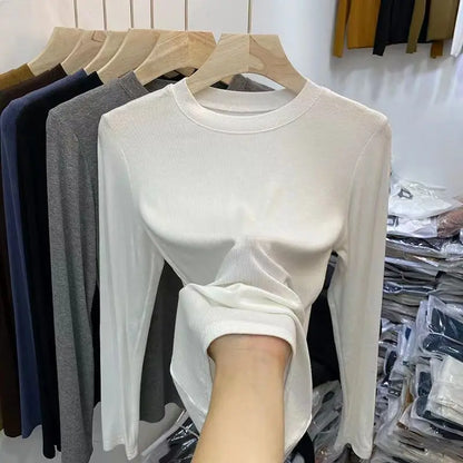 Outono Escritório Senhora Básica Gola Redonda Slim T-Shirt Feminina Cor Sólida Multicor Tendência Versátil Casual Top Manga Longa Elástico Canelado