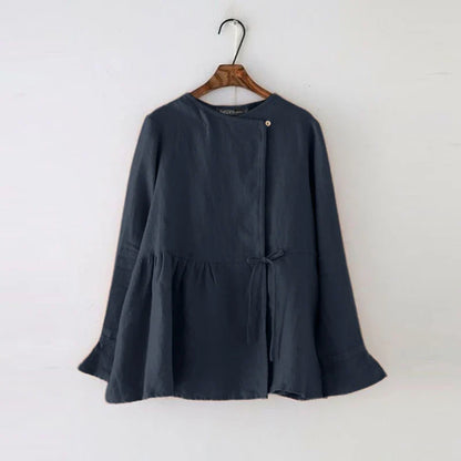 2024 Fashion Vintage Women Long Flare Sleeve Blouse Spring Cotton Shirt Casual Work Blusas Mujer Solid Lace Up Tops Tunic