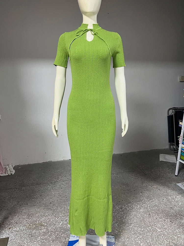 Long Dress Female Short Sleeve Slim Hollow Retro Elegant Sweater Dress 2025 Summer High Waist Woman Dress