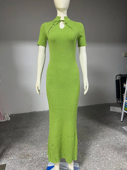 Long Dress Female Short Sleeve Slim Hollow Retro Elegant Sweater Dress 2025 Summer High Waist Woman Dress
