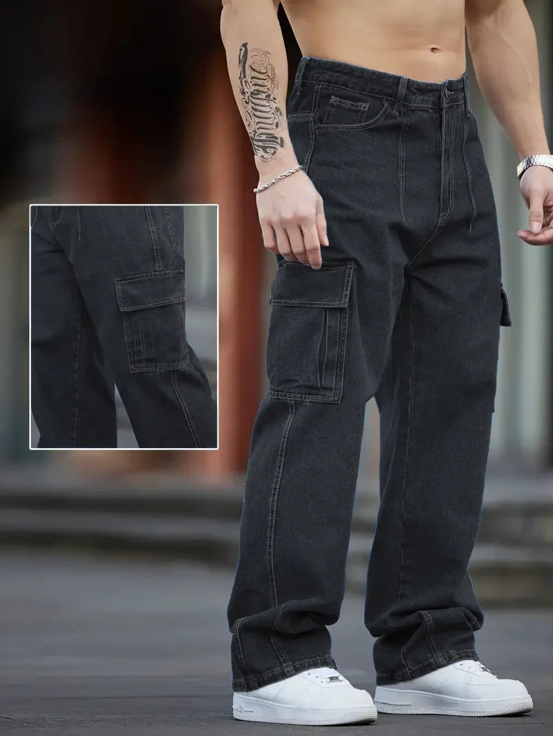 Men's Deep Blue Washed Denim Workwear Jeans Casual Multiple Pockets Design Loose Wide Leg Trousers Y2K Style Cargo Pants