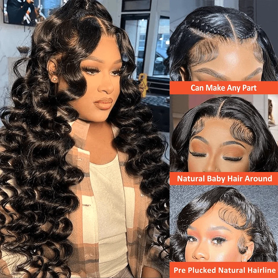42 Inch 250 Density Deep Wave Human Hair Wigs Curly Brazilian Lace Front Wigs Pre Plucked Natural Black 13X6 Hd Lace Frontal Wig