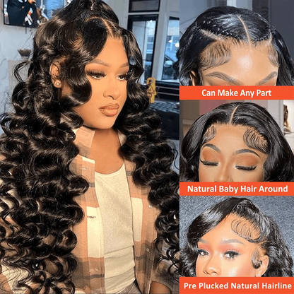 42 Inch 250 Density Deep Wave Human Hair Wigs Curly Brazilian Lace Front Wigs Pre Plucked Natural Black 13X6 Hd Lace Frontal Wig