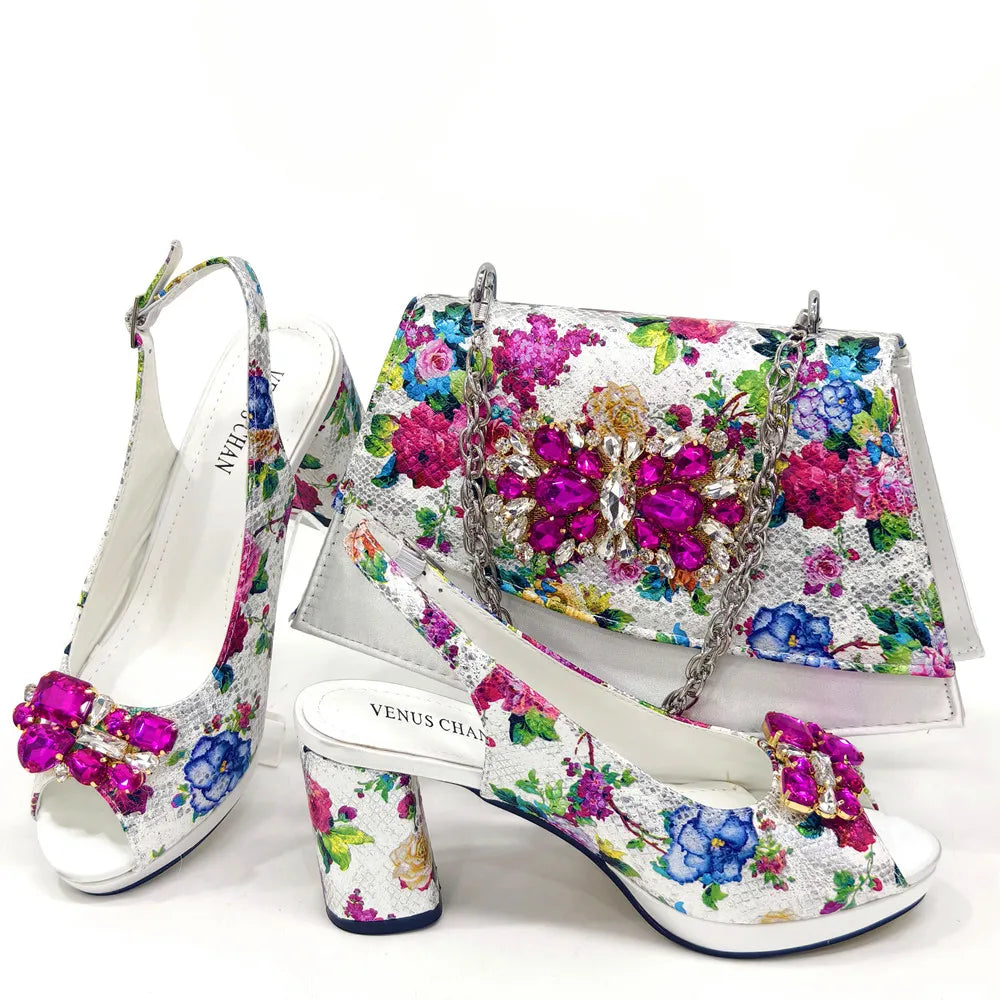 Italian Sandals and Bags Matching Set Women Heel Party for Gold Colour Wedding Bigger Size Thick Heel Shoes