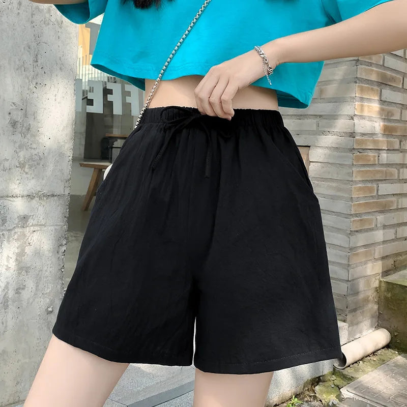 Casual Linen Shorts Women Gym Workout Shorts Cotton Shorts Summer Big Size Loose Home Beach Hot Lace Up Shorts