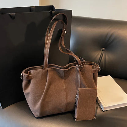 Suede Shoulder Bags for Women Large Suede Totes Lightweight Underarm Bag Casual Shopper Handbag Solid Color Travel Bucket Bags