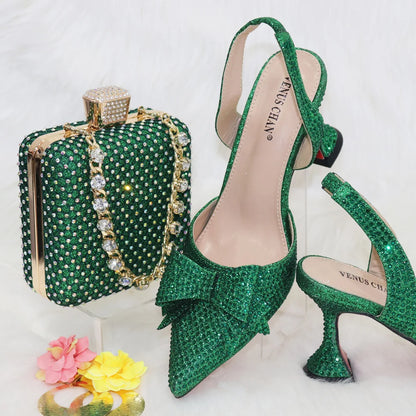 Gold 2024 Heels for Women Pointed Toe With Bows Gold Color Rhinestone  Elegant Party Wedding Shoe and Bag Set