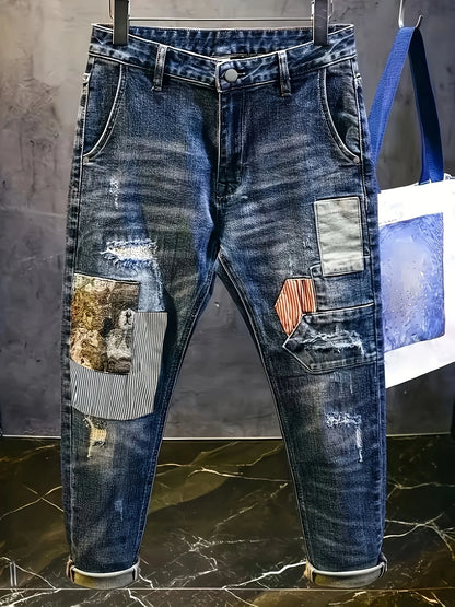 Calça Jeans Masculina Rasgada com Aplique de Urso e Detalhes de Strass, Modelo Retrô Solto Clássico, Marca Tendência Streetwear