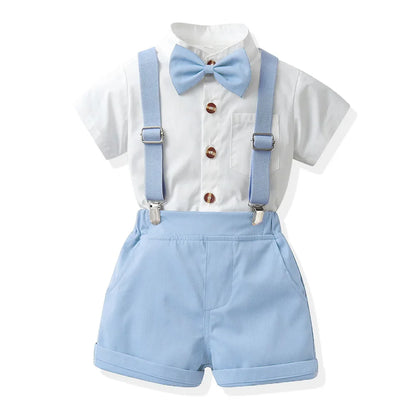 Children Formal Clothing Summer Comfortable Two Piece Set Kid Short Sleeve Shirt Bow Tie Suspenders Shorts Boy Elegant Outfit