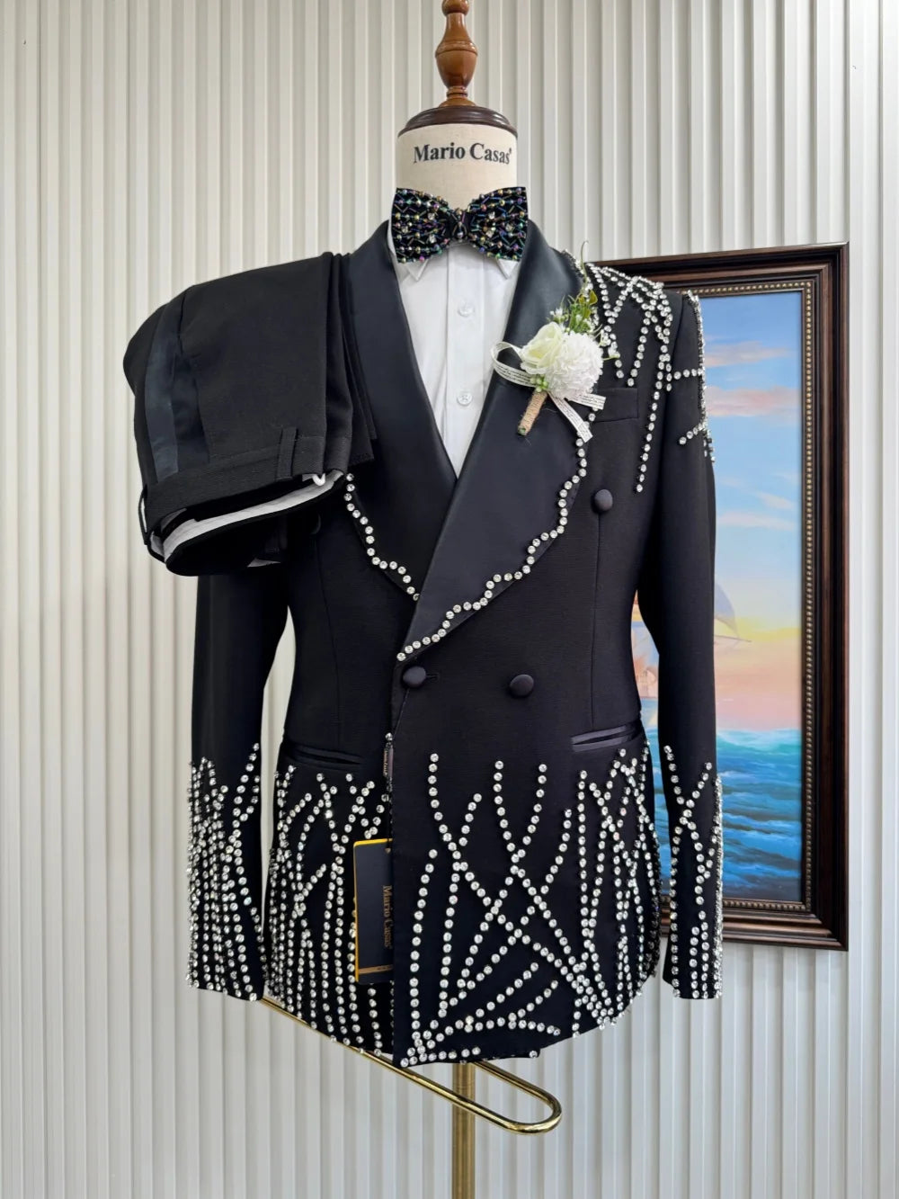Men's Silver Beaded Suit Set 2 Pieces Formal Party Wear Premium Double Breasted Tuxedo For Men Elegant Slim Fit Suits S-3XL