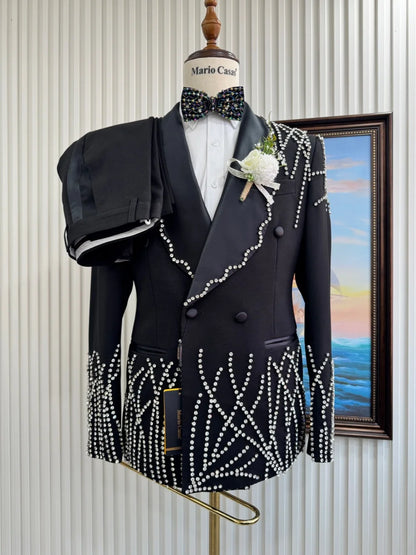 Men's Silver Beaded Suit Set 2 Pieces Formal Party Wear Premium Double Breasted Tuxedo For Men Elegant Slim Fit Suits S-3XL