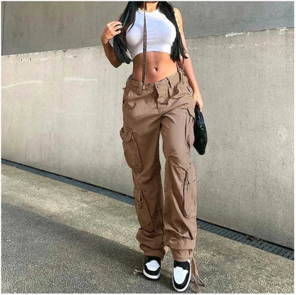 Autumn/Winter New Womens Cargo Straight Trousers High Waist Loose Wide Leg Vintage Dad Jeans for Women