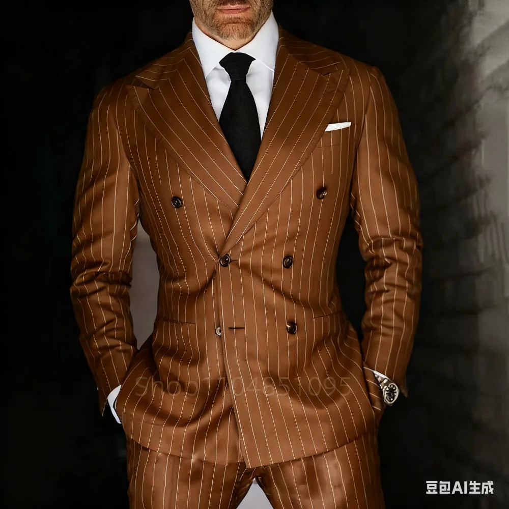 Men's 2-Piece Suit Set Slim Fit Double Breasted Lapel Formal Grey Blue Marine High Quality Jacket And Trousers Ensemble