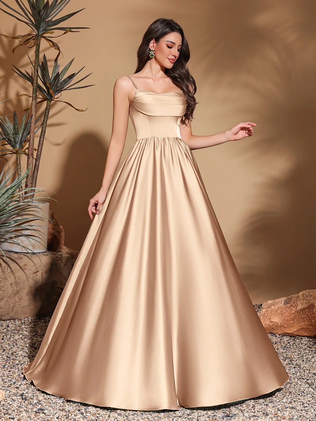 Strapless chest pleated satin high waist floor-length gown, women's long dress, party dress