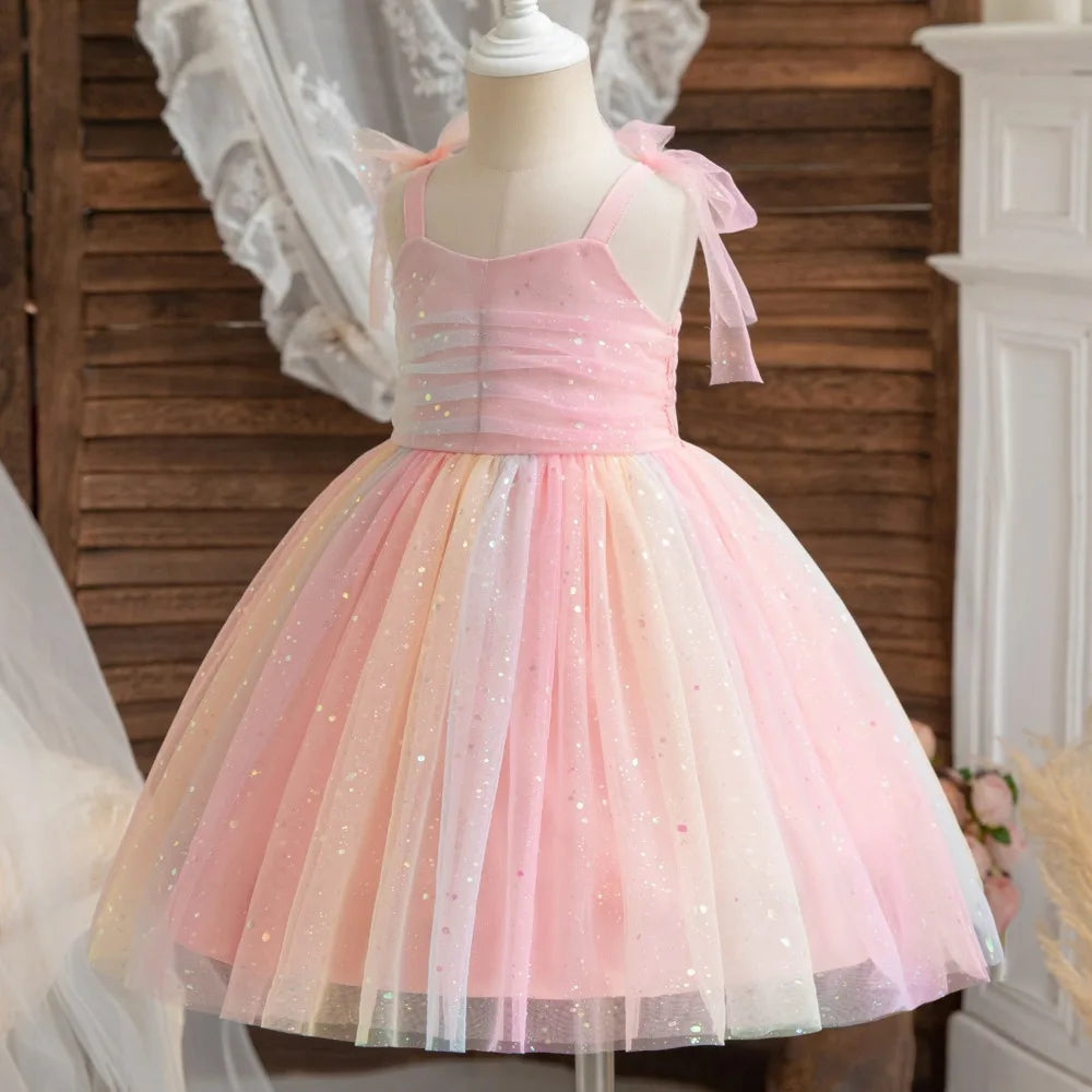 1-5 Years Old Summer Kids Dresses Sleeveless Sequined Sweet Princess Girls Dress Costume Mesh Puffy Rainbow Children's Clothing