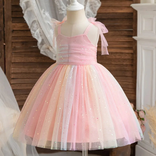Kids Dresses Sleeveless Sequined Sweet Princess Girls Dress Costume Mesh Summer Puffy Rainbow Children's Clothing