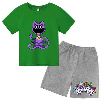 Smiling Critters Cartoon Print Kids Summer Cute 2pcs Soft T-shirts+Pants Suits 2-13Years Boys Girls Casual Sets Children Clothes