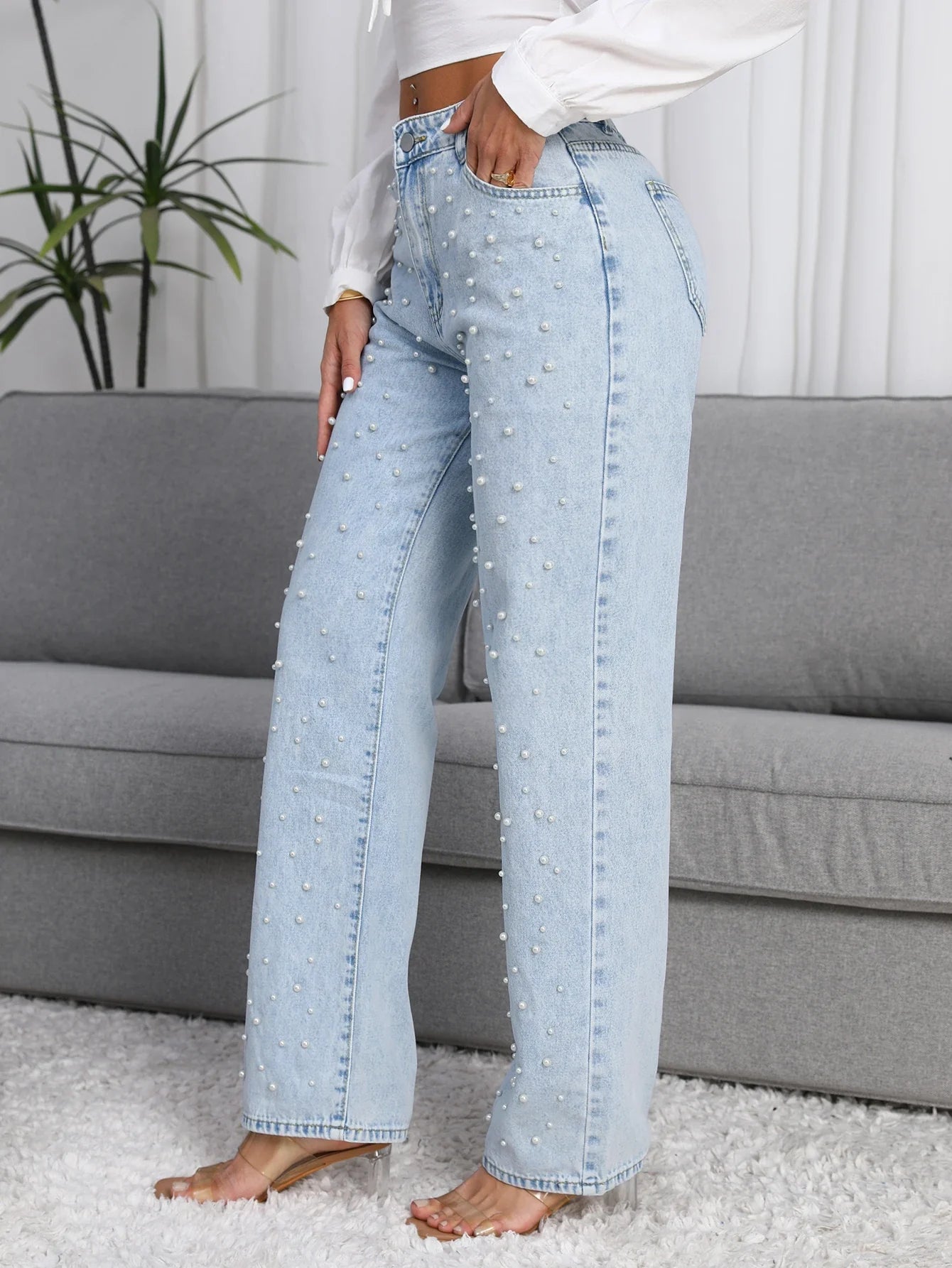 Women Straight-Leg Denim Jeans with Fashion Faux Pearl Detail